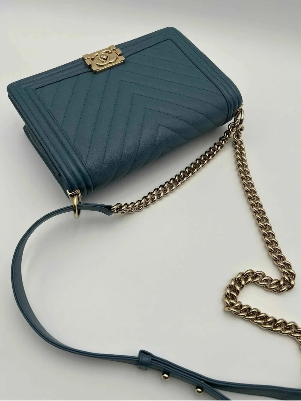 CHANEL Teal Chevron Shoulder Bag with Gold Chain
